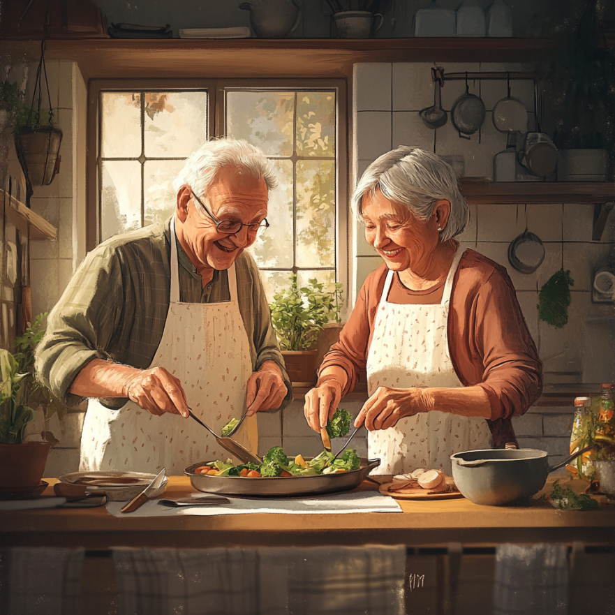 Възрастна двойка приготвя здравословна храна заедно
